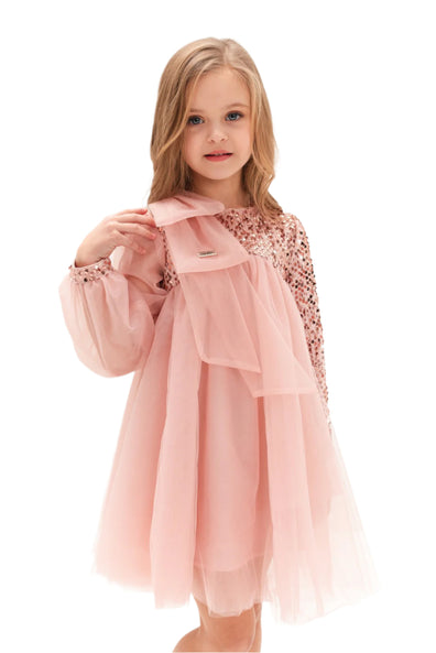 ABELIA - Rochita de ocazie din tulle fin cu catifea, paiete si funda supradimensionata, roz